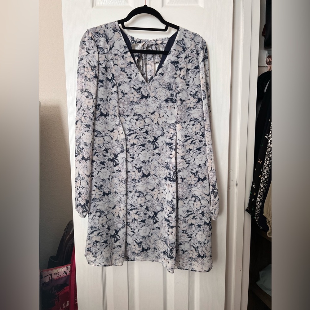 BCBGeneration Blue Floral Long Sleeved Bow Dress, Size M